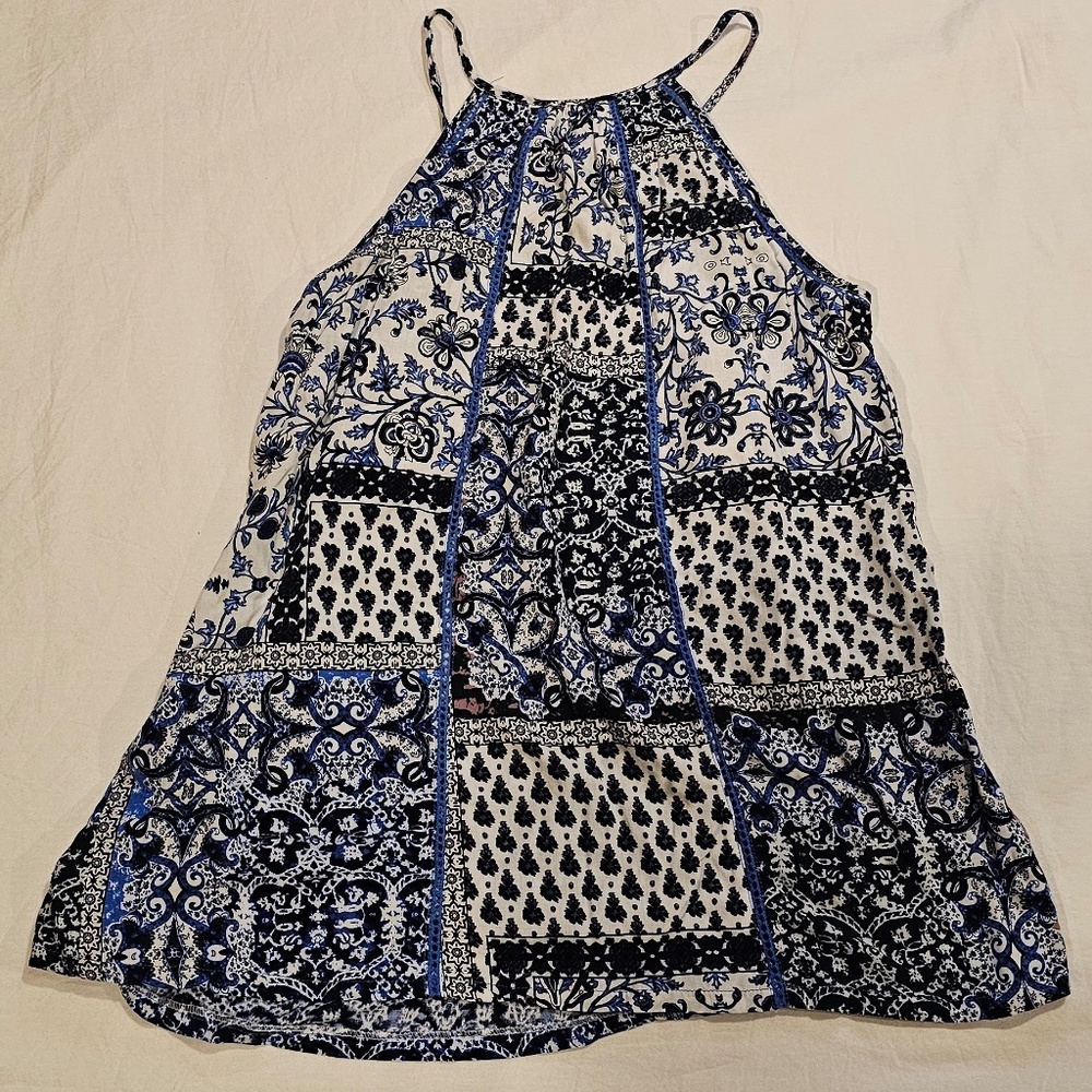 Women's Halter Tank Top in Blue & White Paisley Floral Pattern